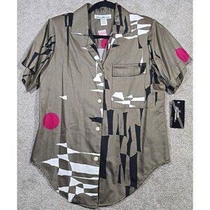 Susan Burrowes Vtg 80s Button Up Shirt Blouse Cotton USA Made Abstract Art Sz 10